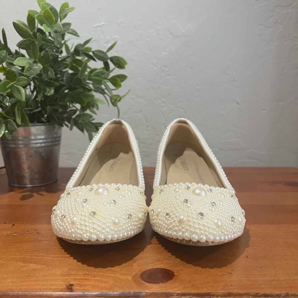 Pearl white low heel wedge with rhinestone embellishments